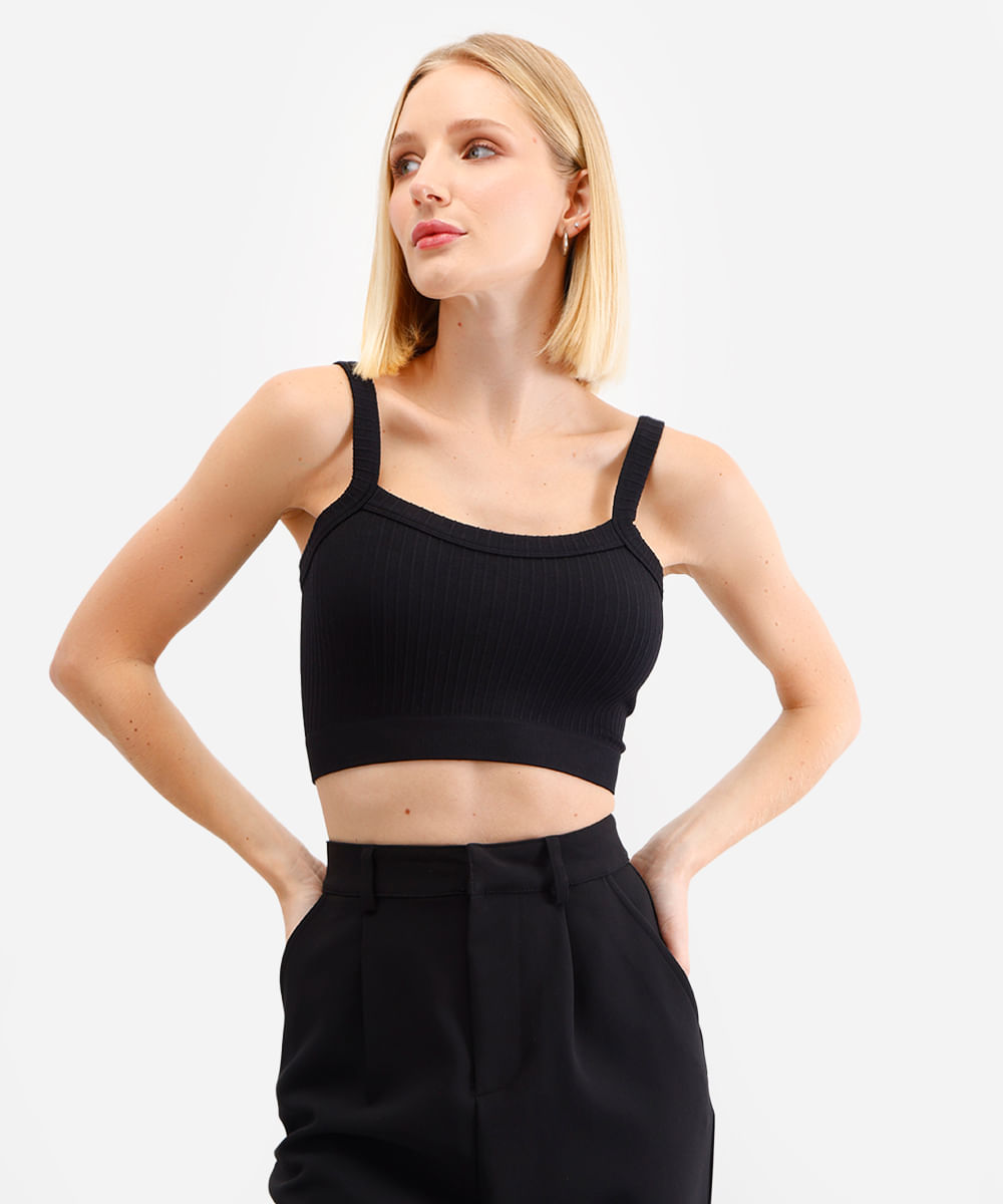 cropped feminino de poliamida canelado preto