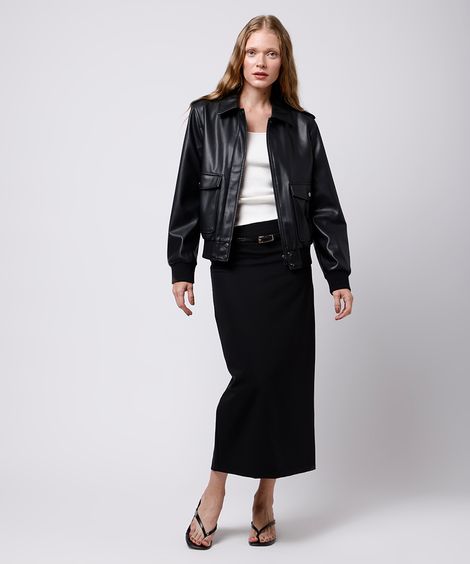 saia midi feminina de alfaiataria com cinto mindset preta