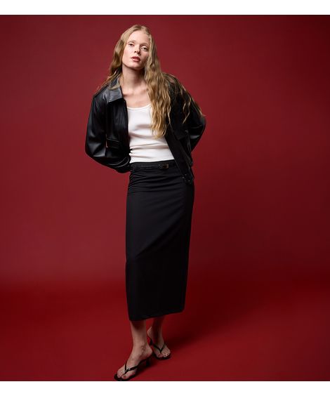 saia midi feminina de alfaiataria com cinto mindset preta