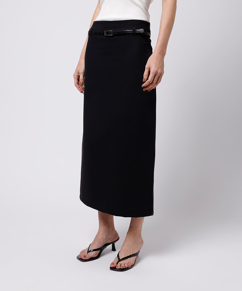 saia midi feminina de alfaiataria com cinto mindset preta