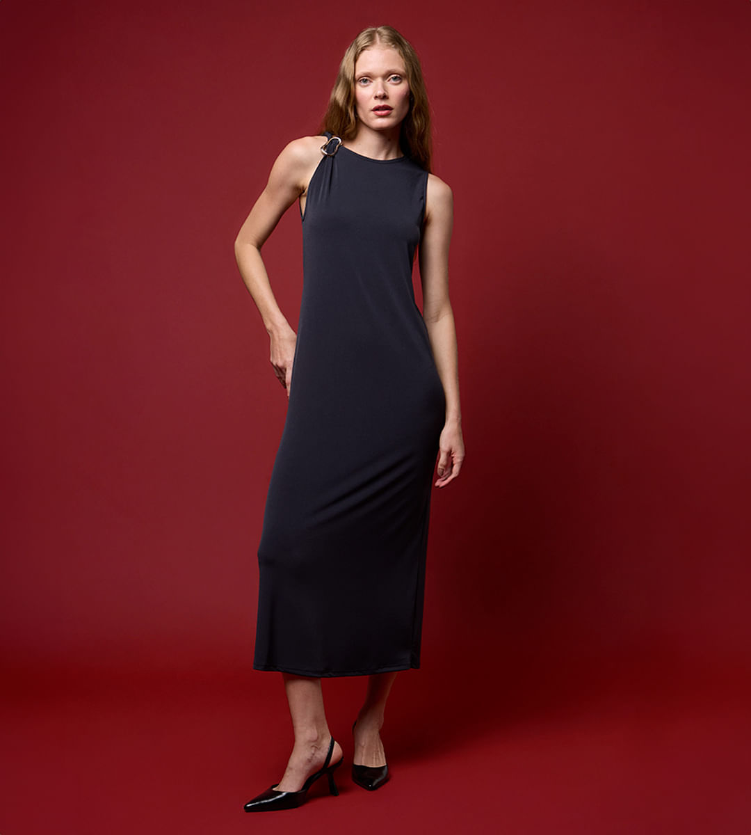 vestido longo feminino alça torcida mindset preto