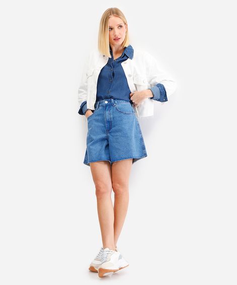 short feminino jeans barra a fio azul