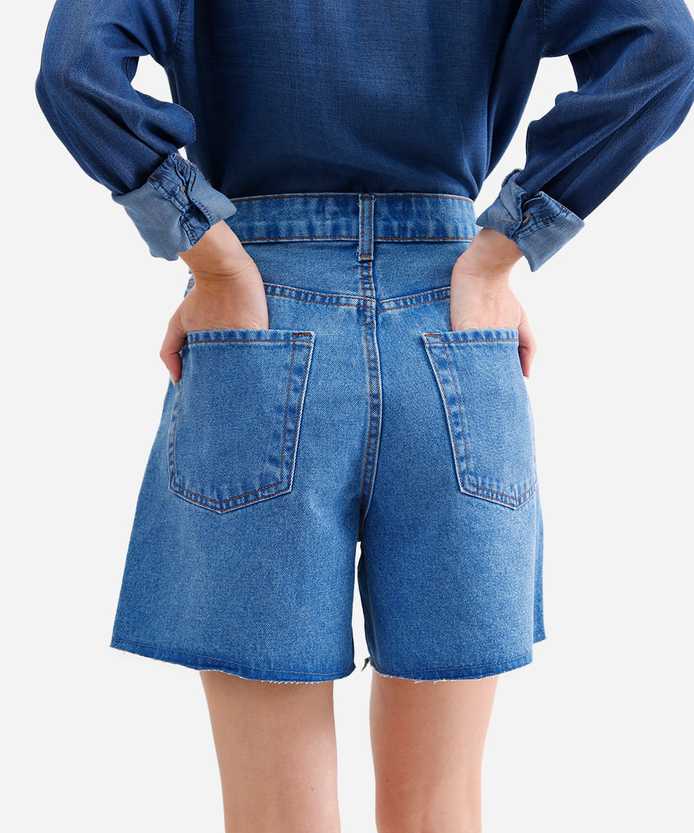 short feminino jeans barra a fio azul