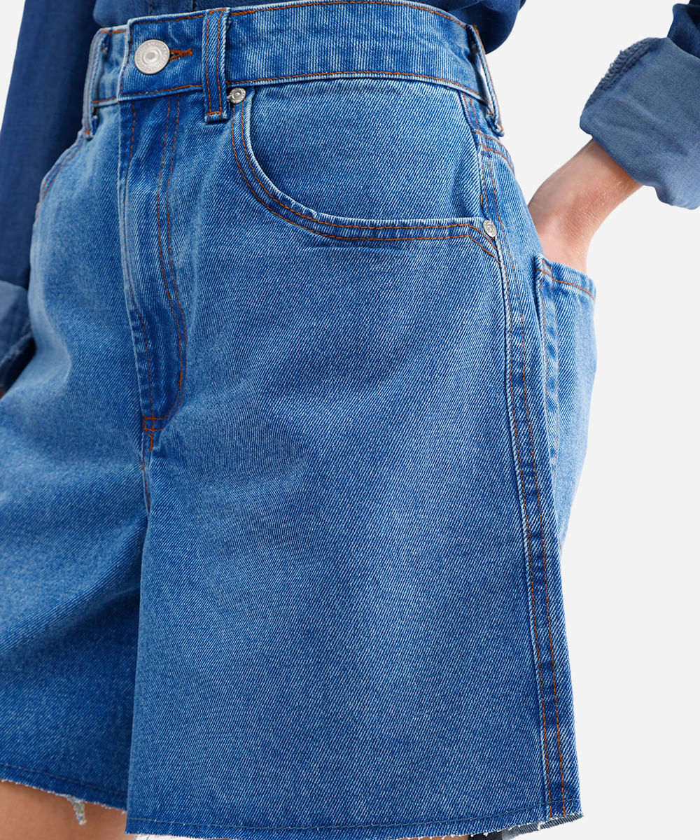 short feminino jeans barra a fio azul
