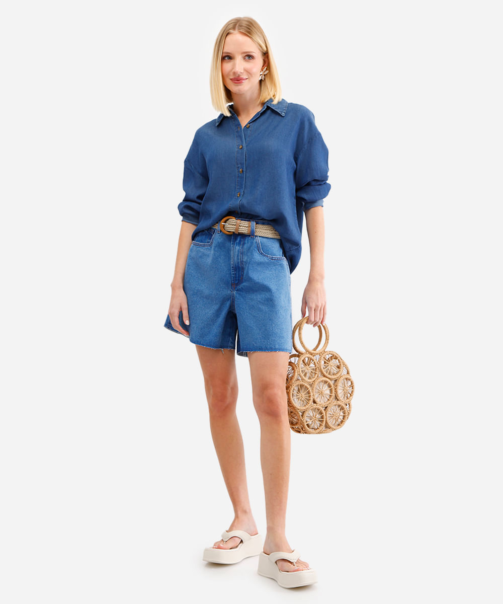camisa feminina jeans manga longa azul