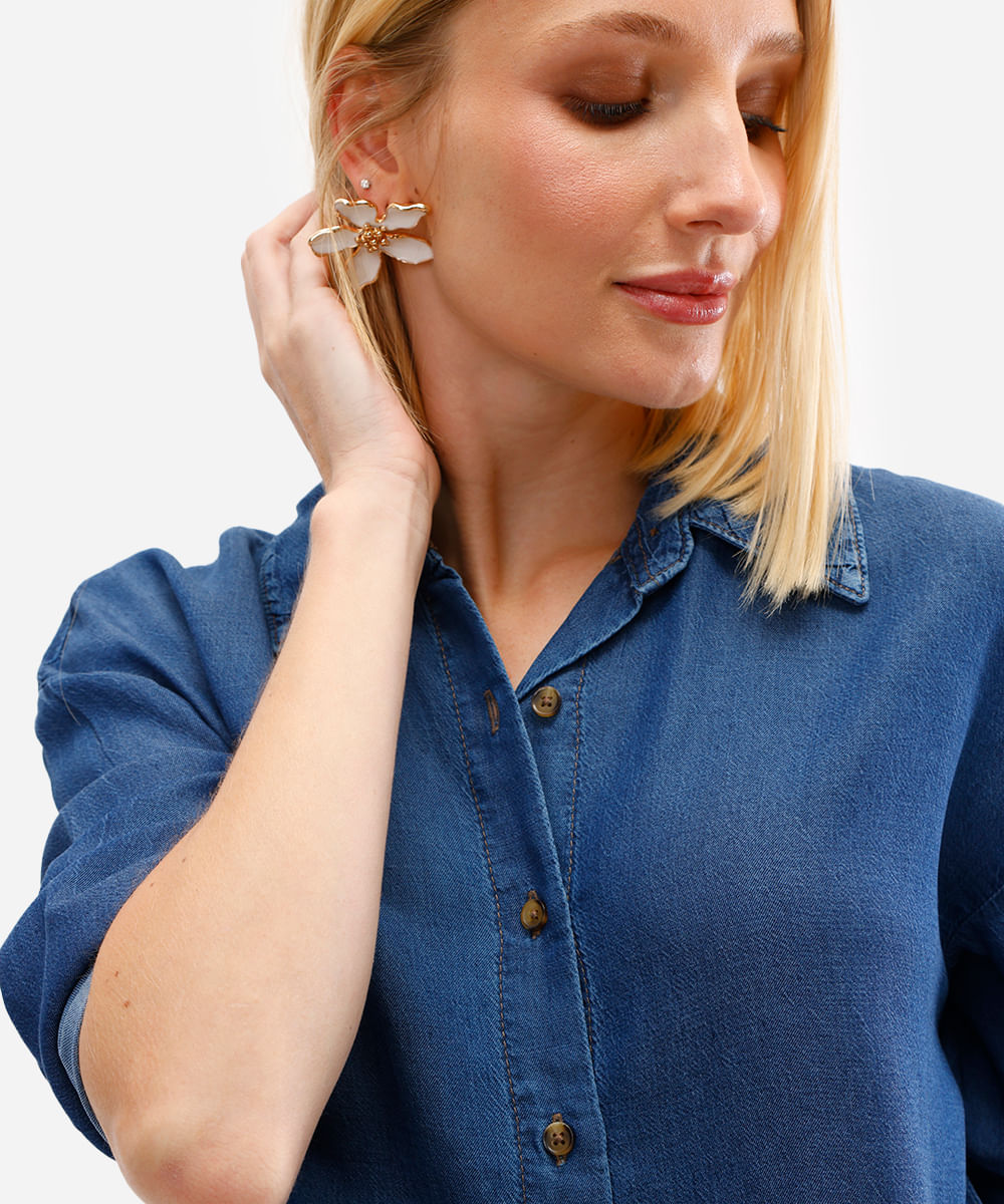 camisa feminina jeans manga longa azul
