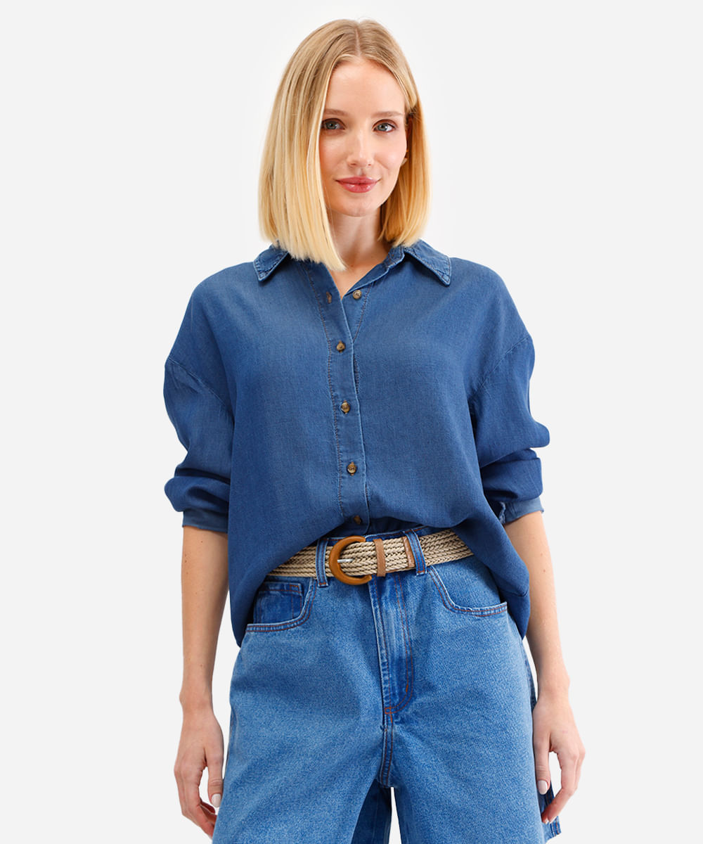 camisa feminina jeans manga longa azul