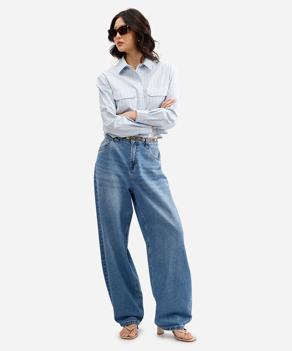 calça balloon feminina jeans cintura média azul