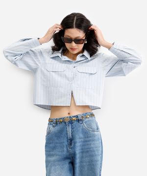 camisa cropped feminina de algodão listrada azul
