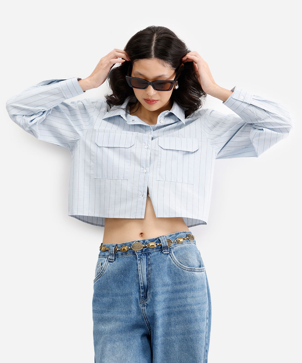 camisa cropped feminina de algodão listrada azul