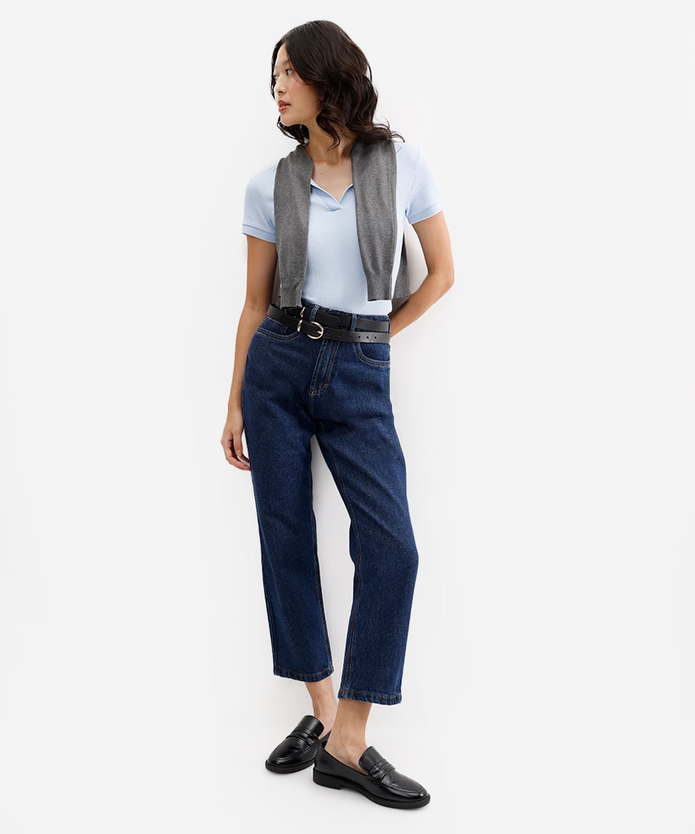 calça reta feminina jeans cintura alta azul