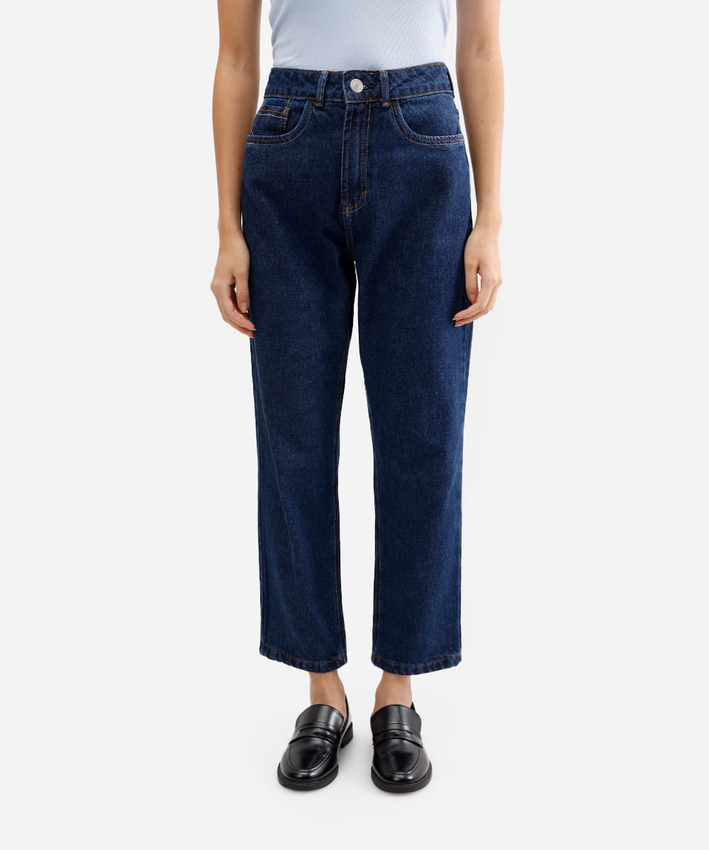 calça reta feminina jeans cintura alta azul
