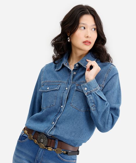 camisa feminina jeans manga longa azul