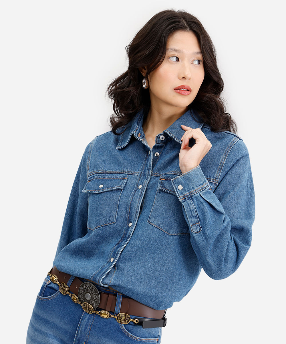 camisa feminina jeans manga longa azul