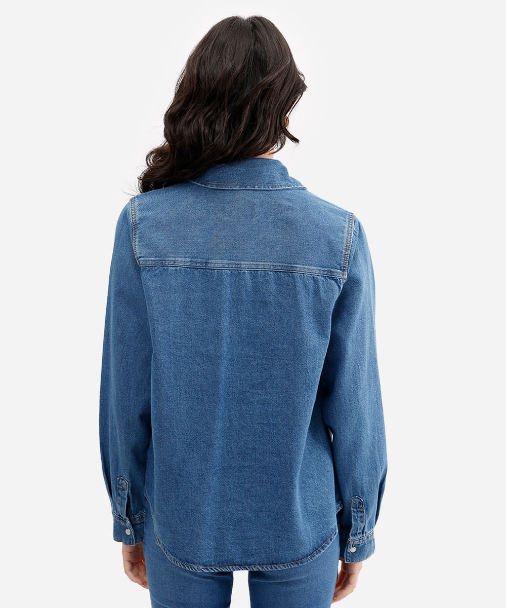 camisa feminina jeans manga longa azul