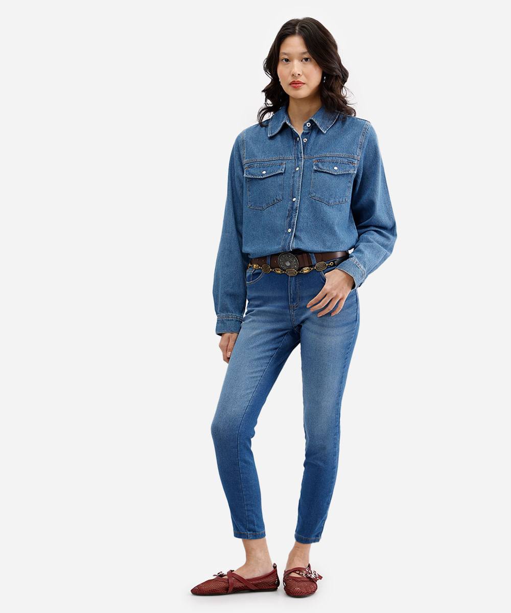 camisa feminina jeans manga longa azul