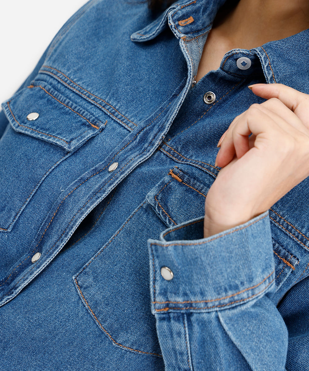 camisa feminina jeans manga longa azul