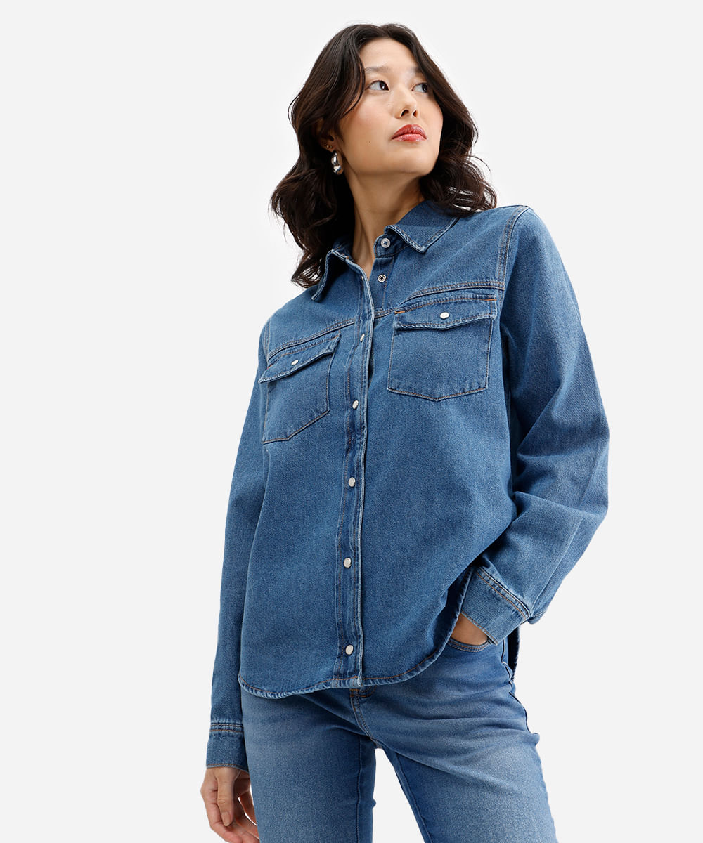 camisa feminina jeans manga longa azul