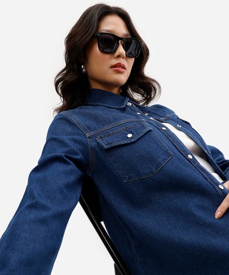 camisa feminina jeans manga longa azul