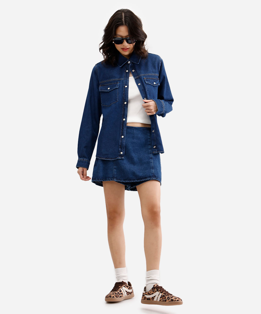 camisa feminina jeans manga longa azul