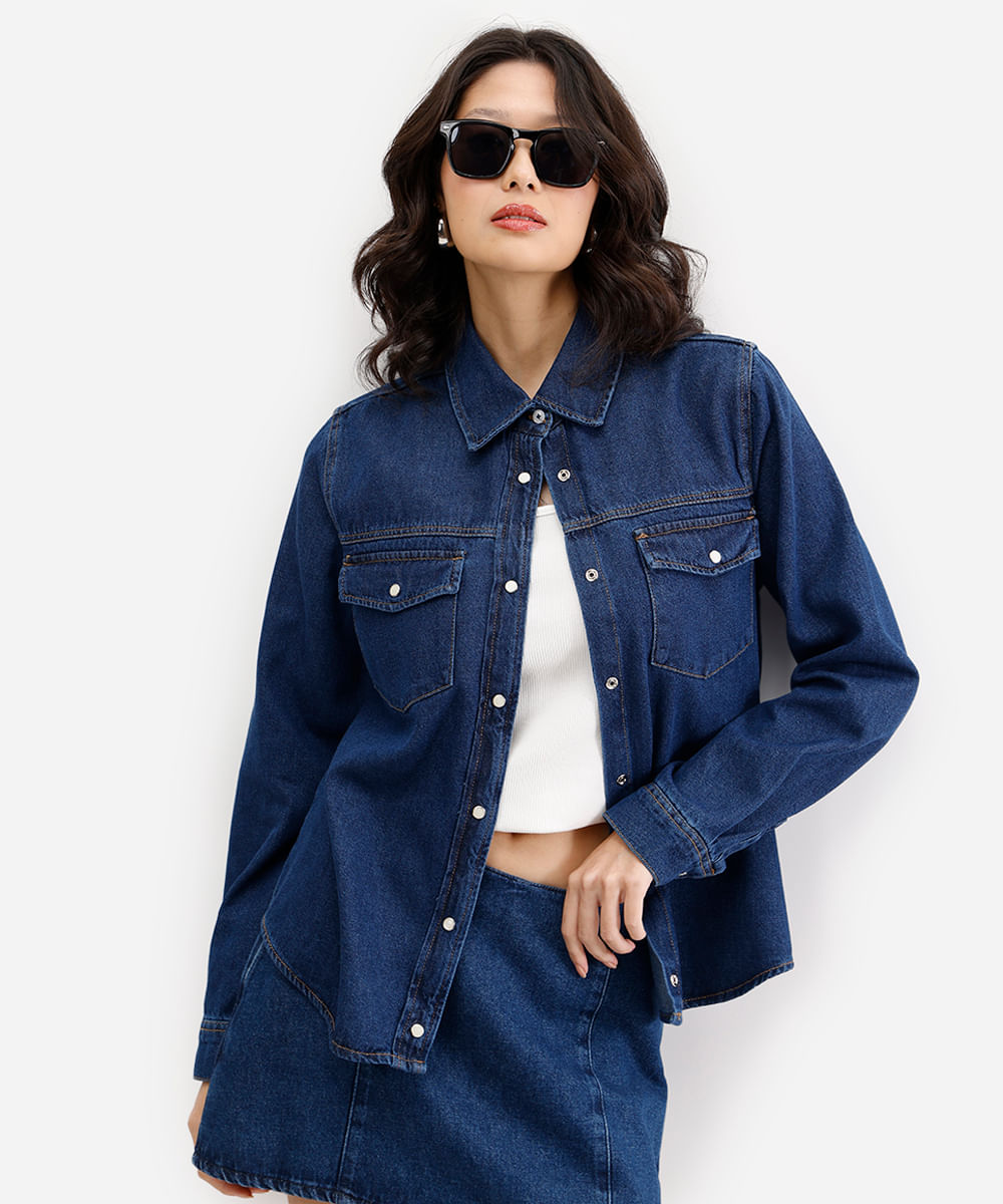 camisa feminina jeans manga longa azul