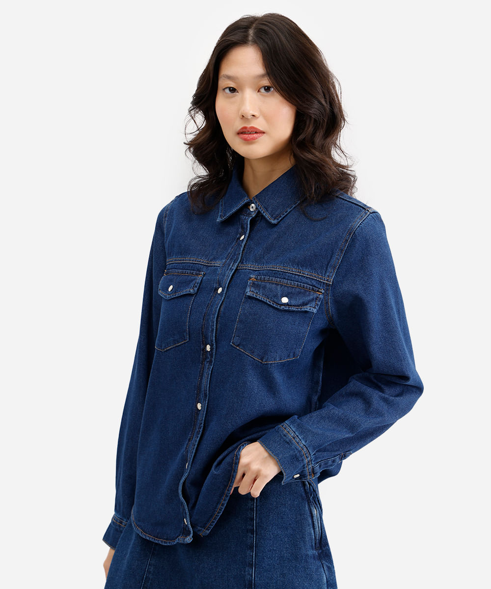 camisa feminina jeans manga longa azul