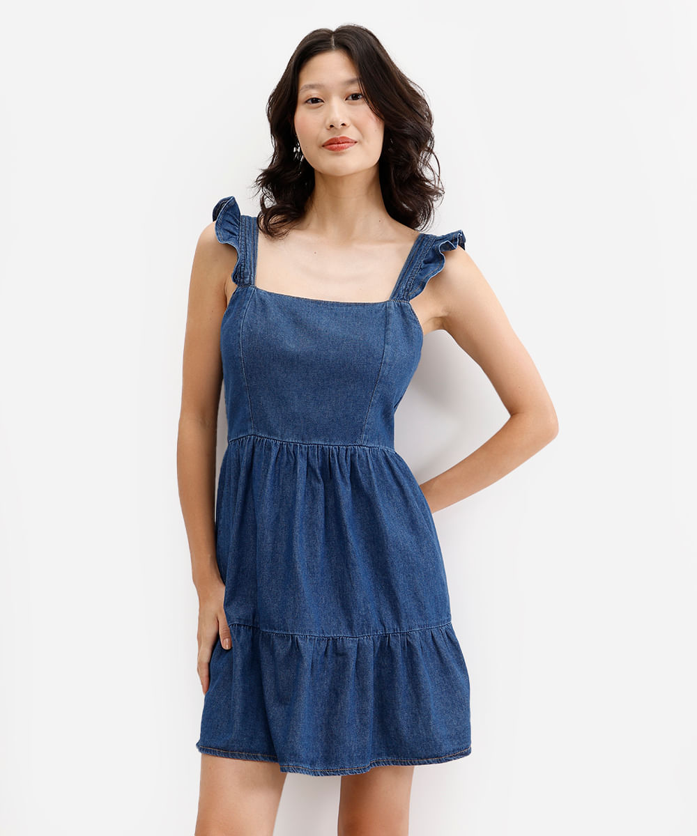 vestido curto feminino jeans com babados azul