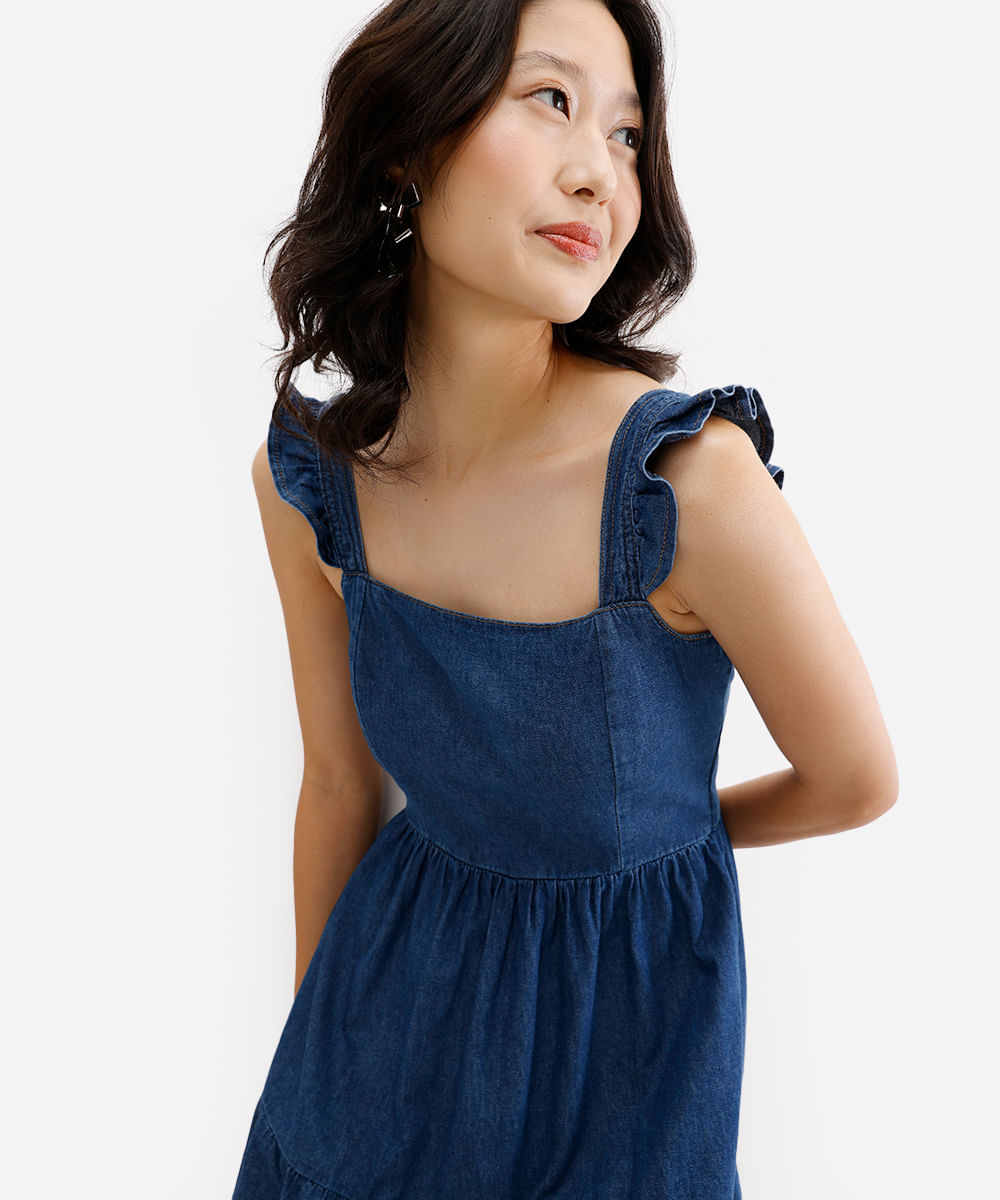 vestido curto feminino jeans com babados azul