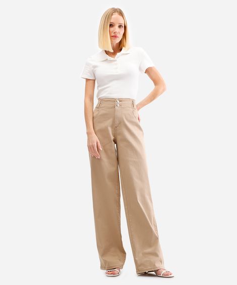 calça wide leg feminina sarja sawary bege
