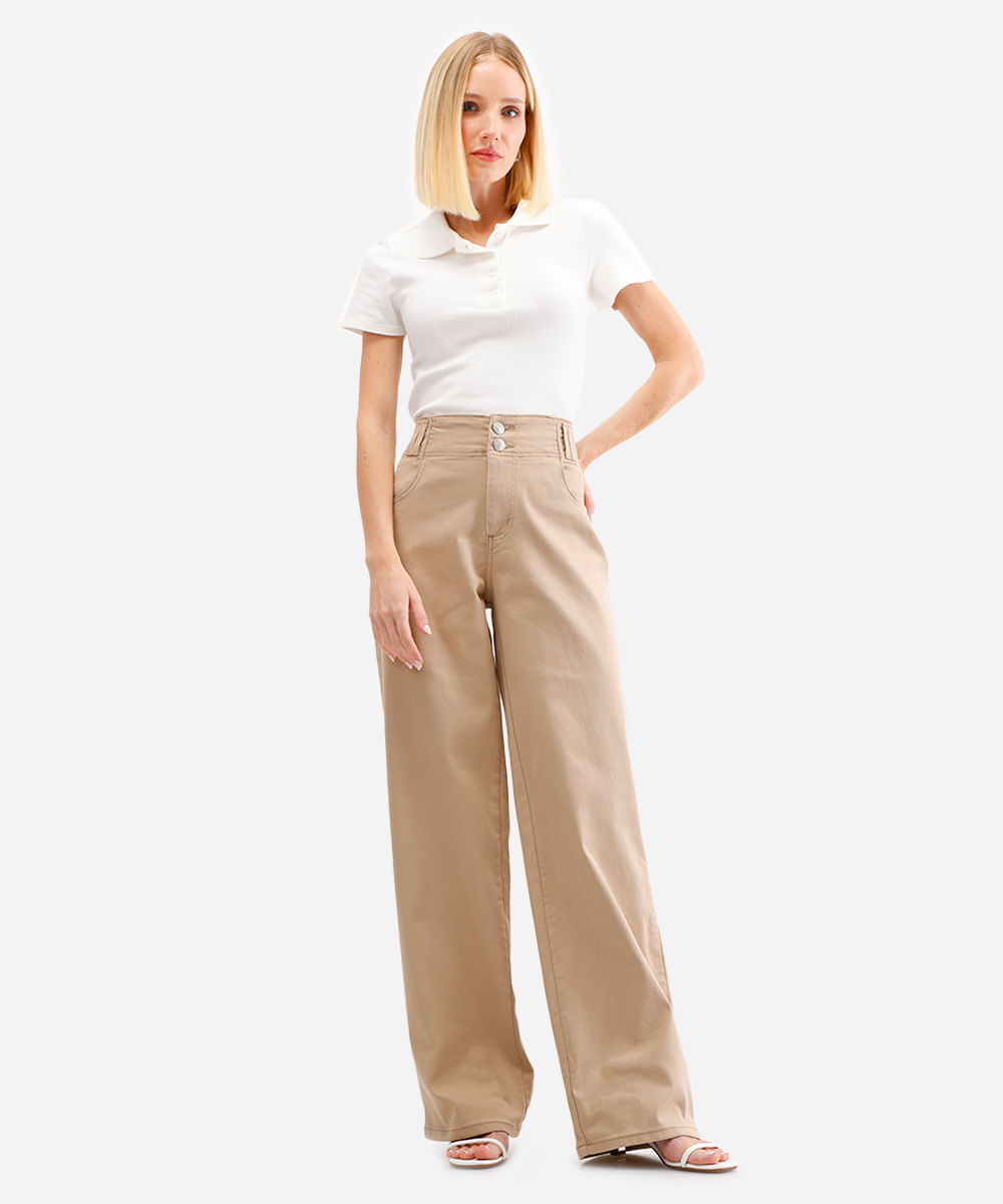 calça wide leg feminina sarja sawary bege