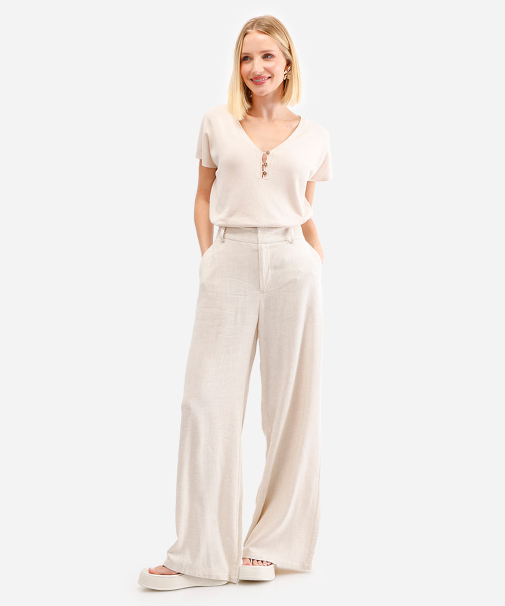 blusa feminina de tricot decote v bege