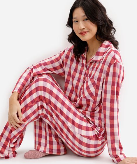 pijama americano longo xadrez rosa