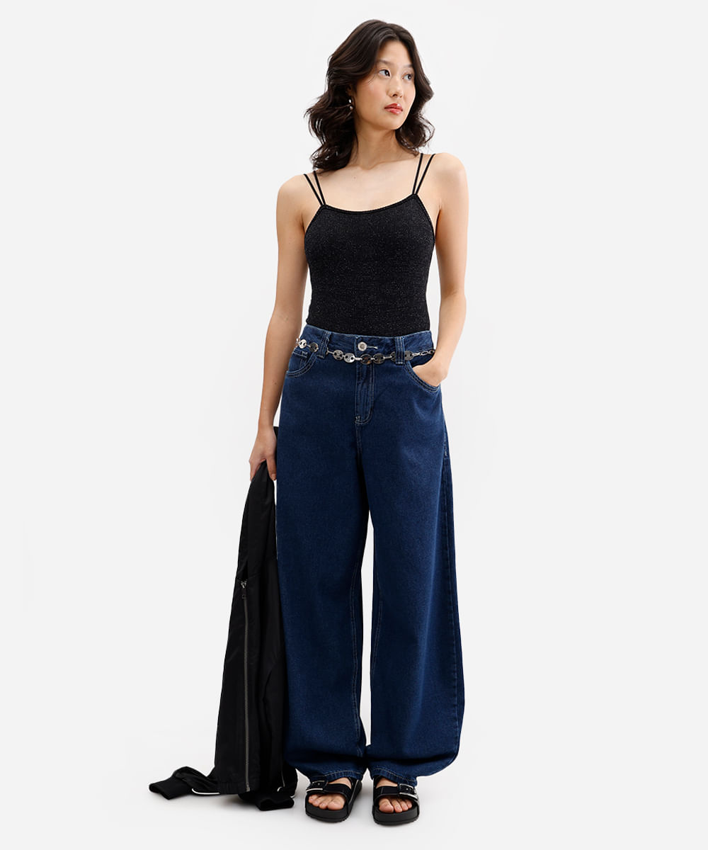 calça balloon feminina jeans cintura média azul