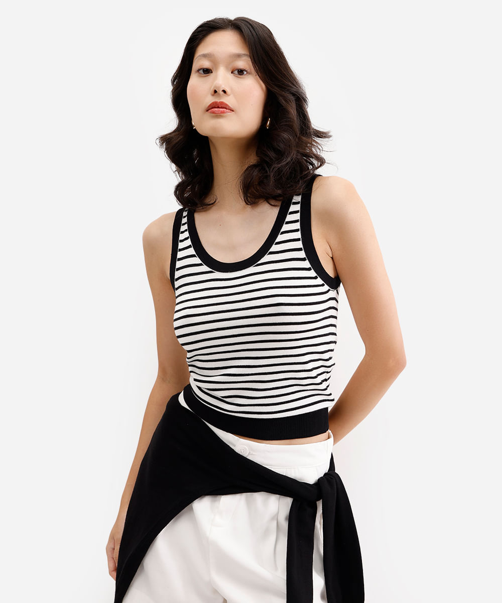 regata feminina de tricot listrada off white