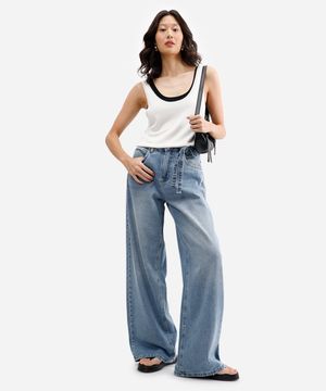 calça oversized feminina jeans destroyed com faixa azul
