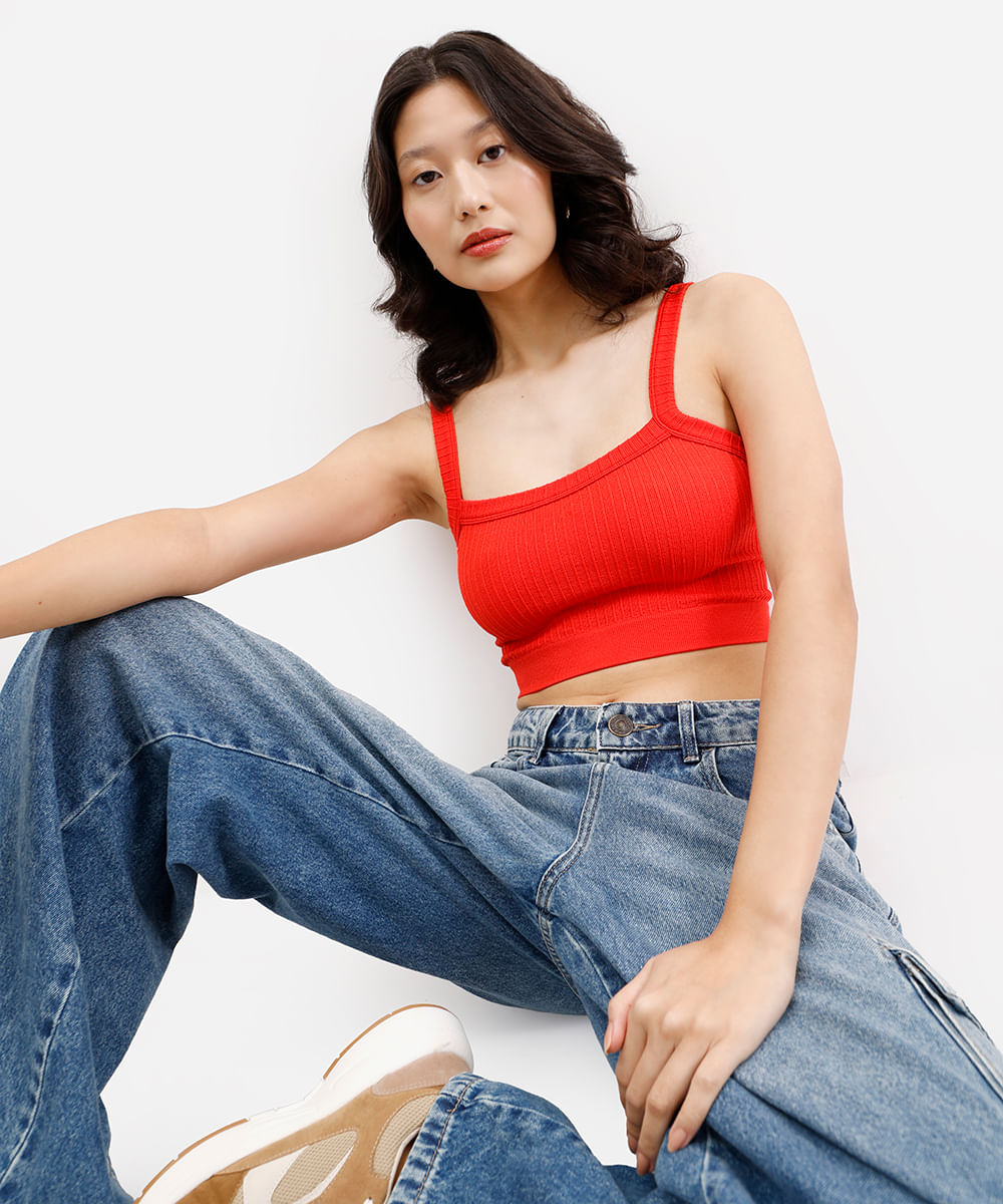 cropped feminino de poliamida canelado vermelho