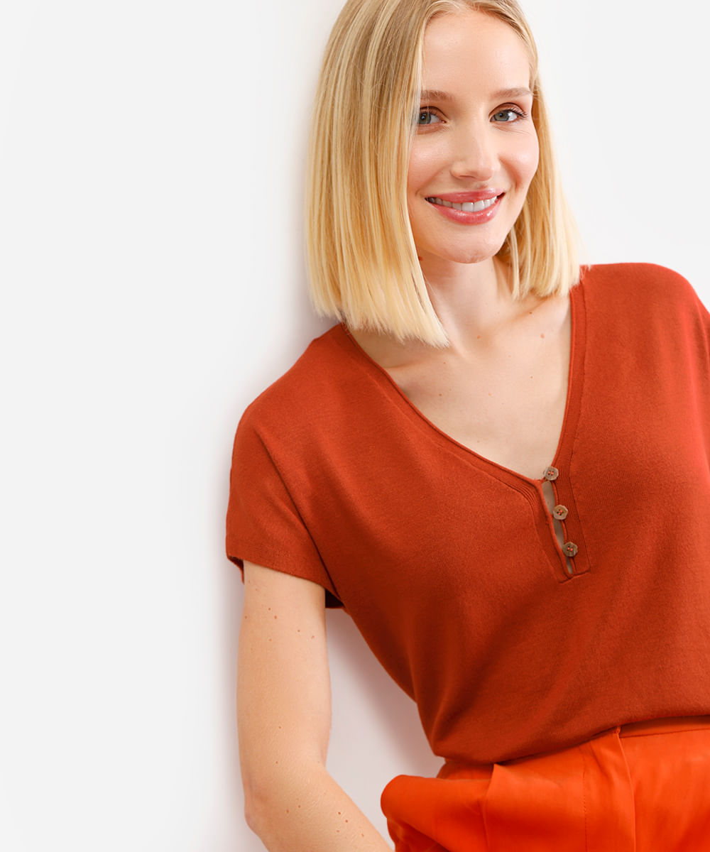 blusa feminina de tricot decote v laranja