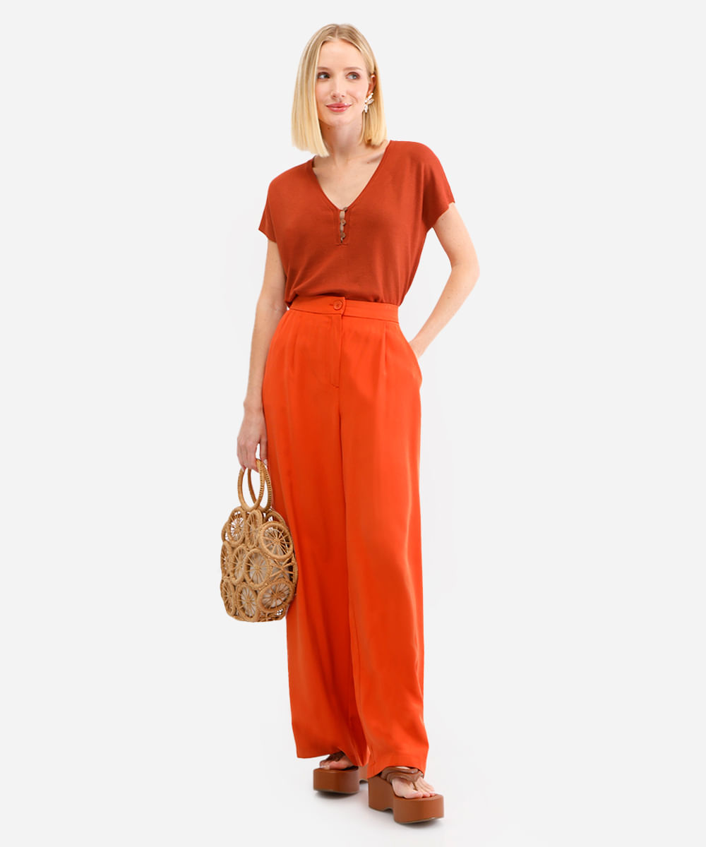 blusa feminina de tricot decote v laranja