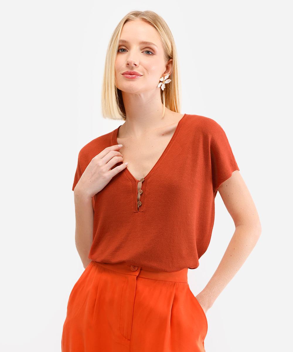blusa feminina de tricot decote v laranja