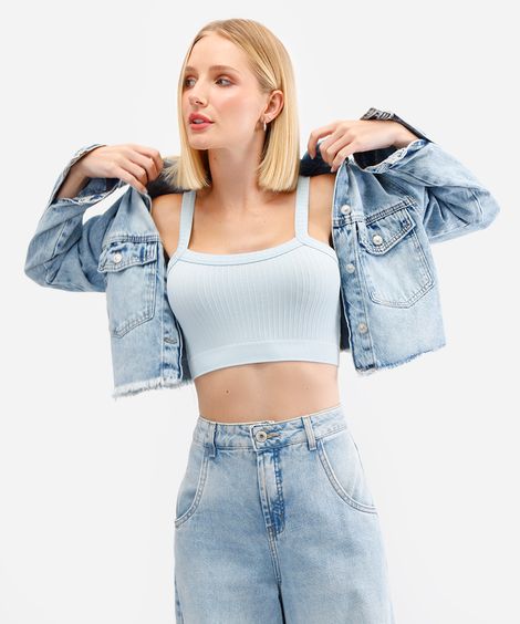 cropped feminino de poliamida canelado azul