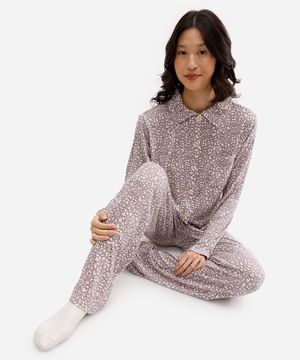 pijama americano feminino longo floral lilás