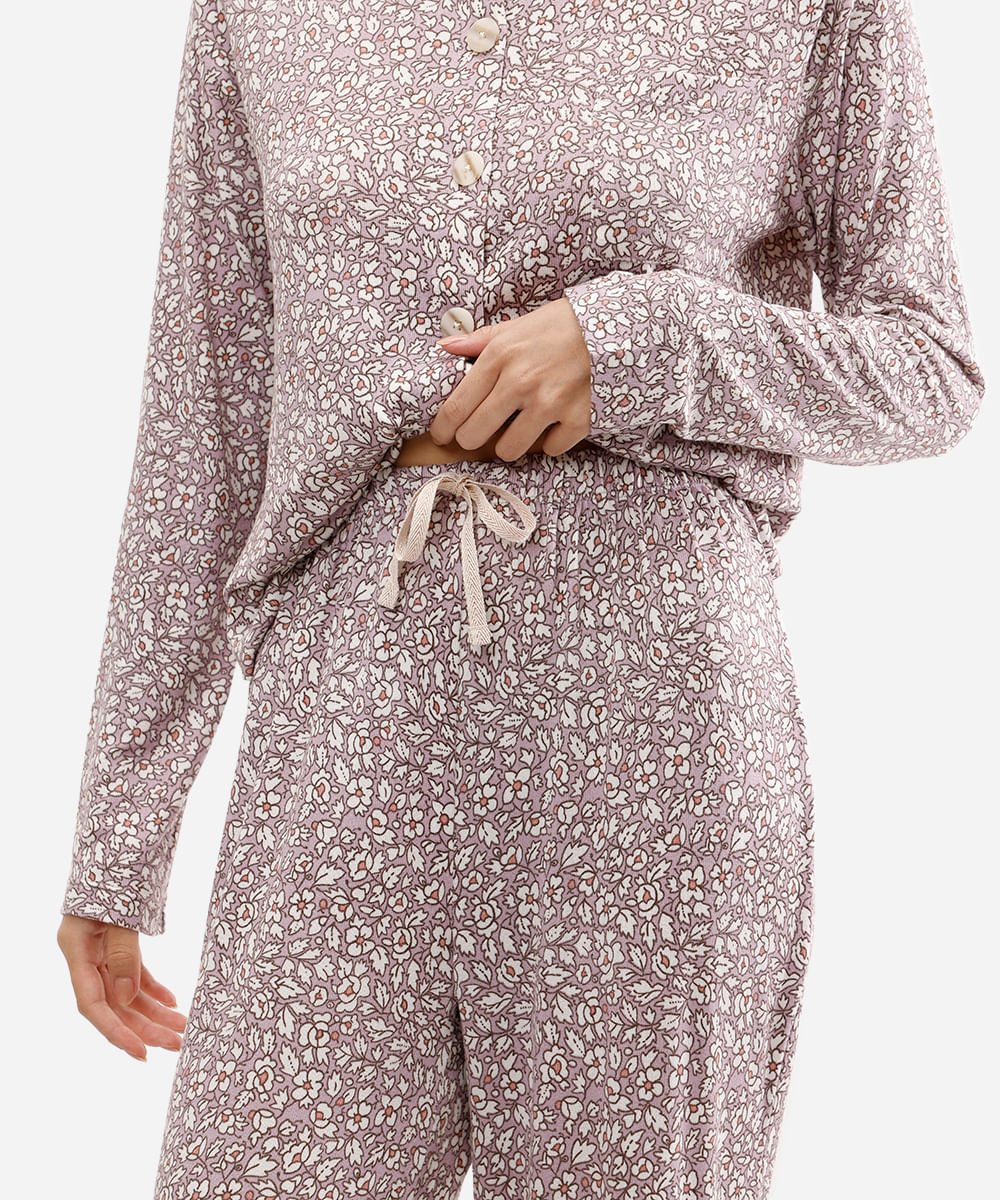 pijama americano feminino longo floral lilás