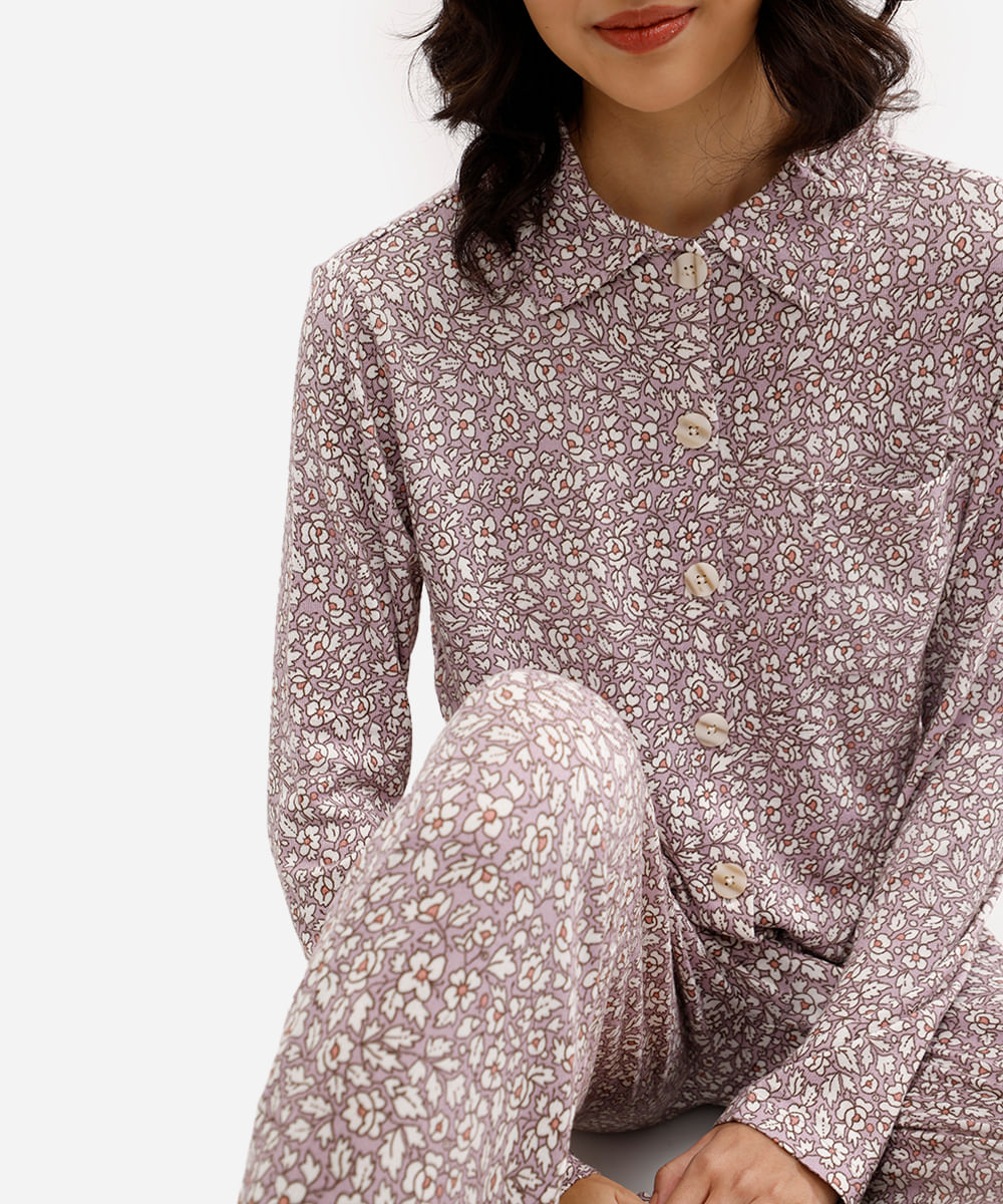 pijama americano feminino longo floral lilás