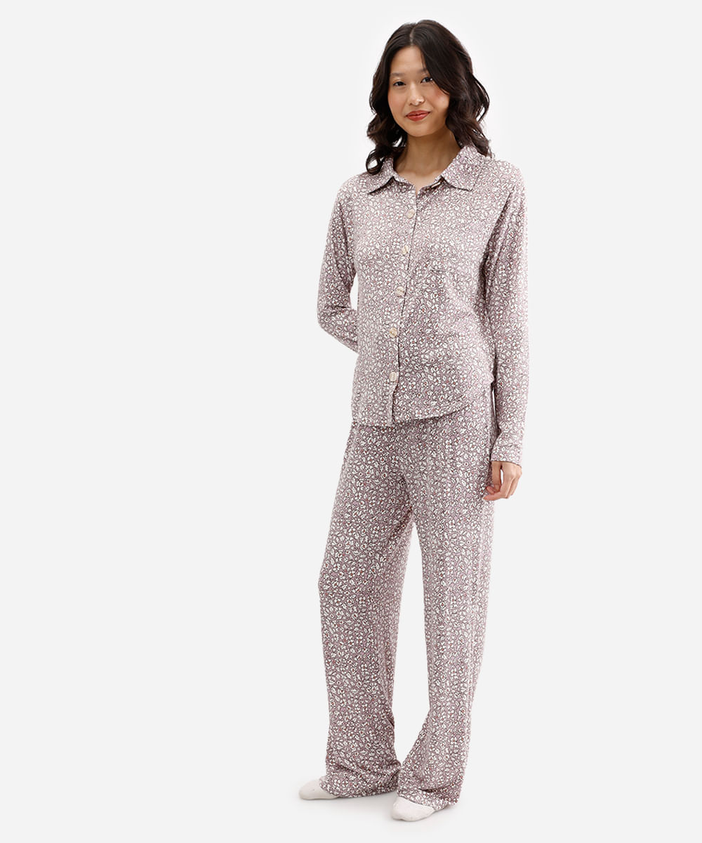 pijama americano feminino longo floral lilás