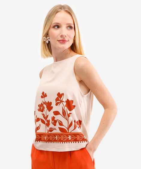 regata feminina de viscose floral bege