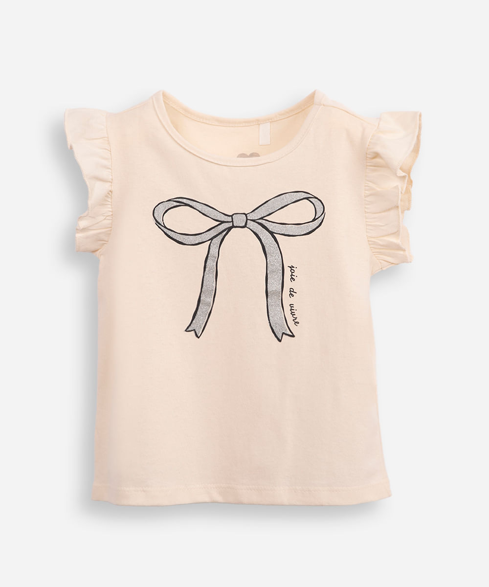 blusa de algodão infantil babado e lacinho bege