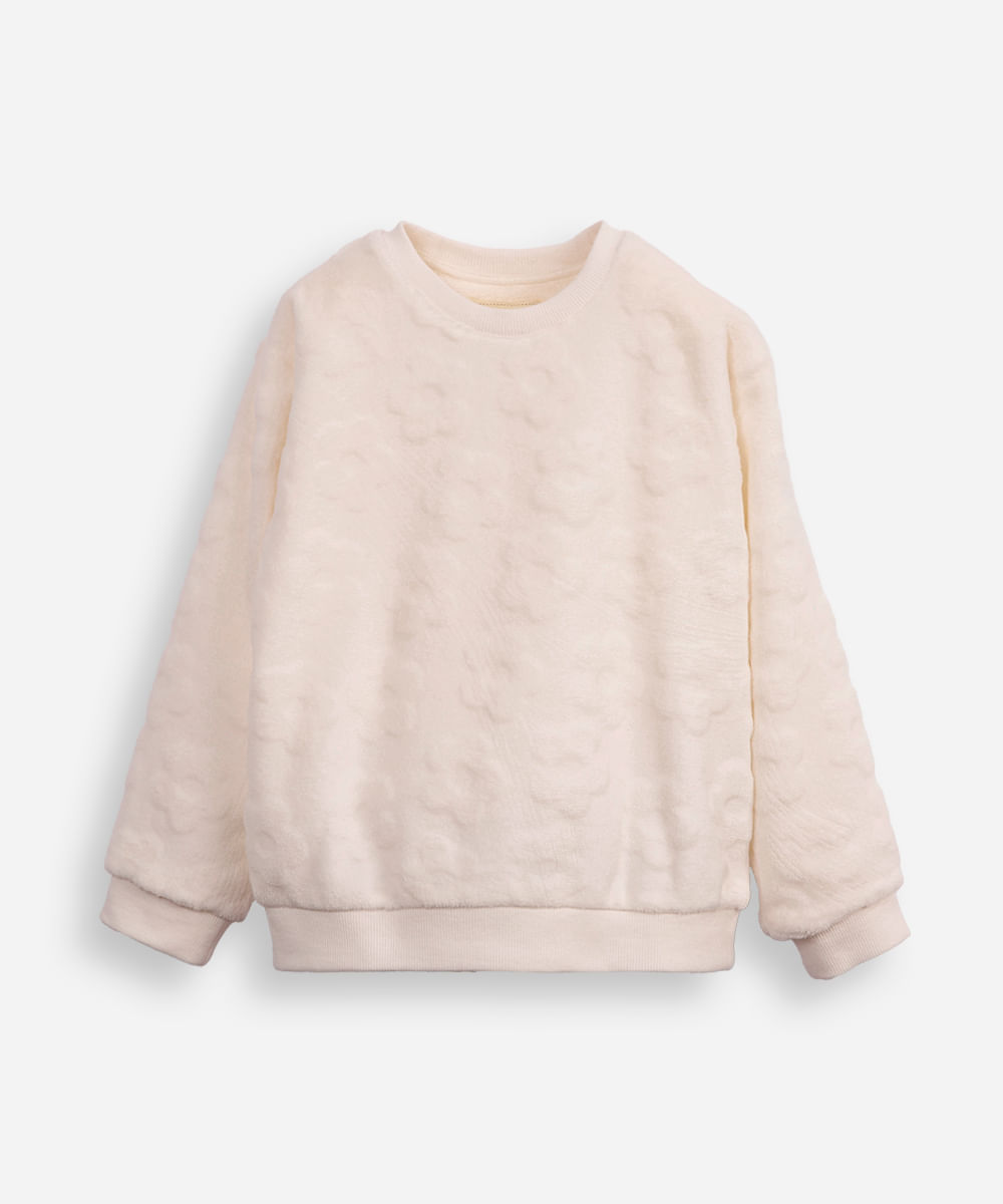 blusão de fleece infantil texturizado floral off white