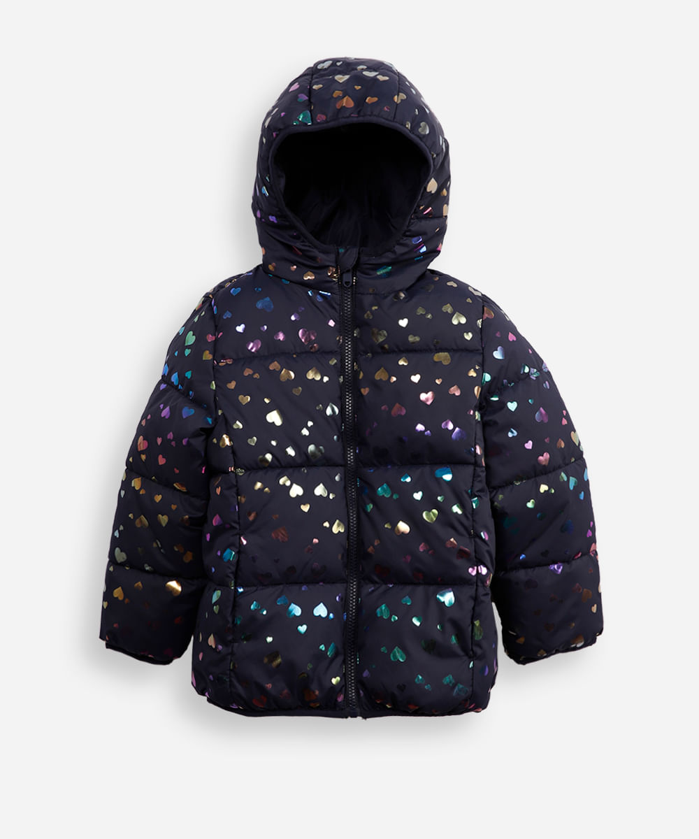 jaqueta puffer infantil coração holográfico azul
