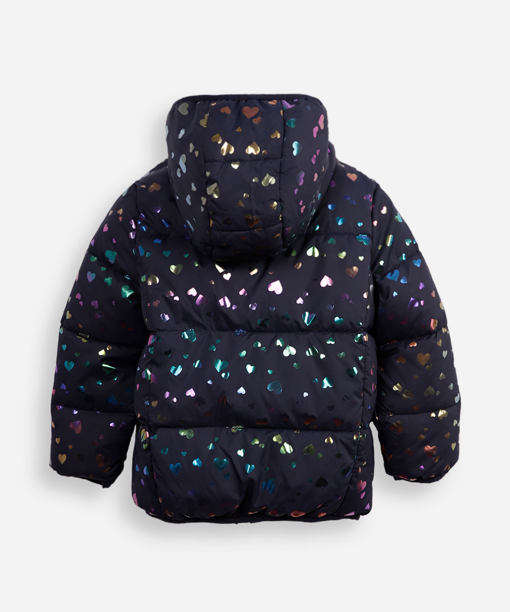 jaqueta puffer infantil coração holográfico azul