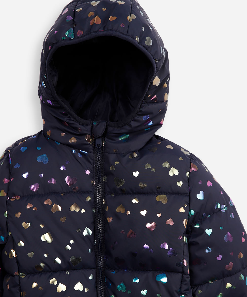 jaqueta puffer infantil coração holográfico azul